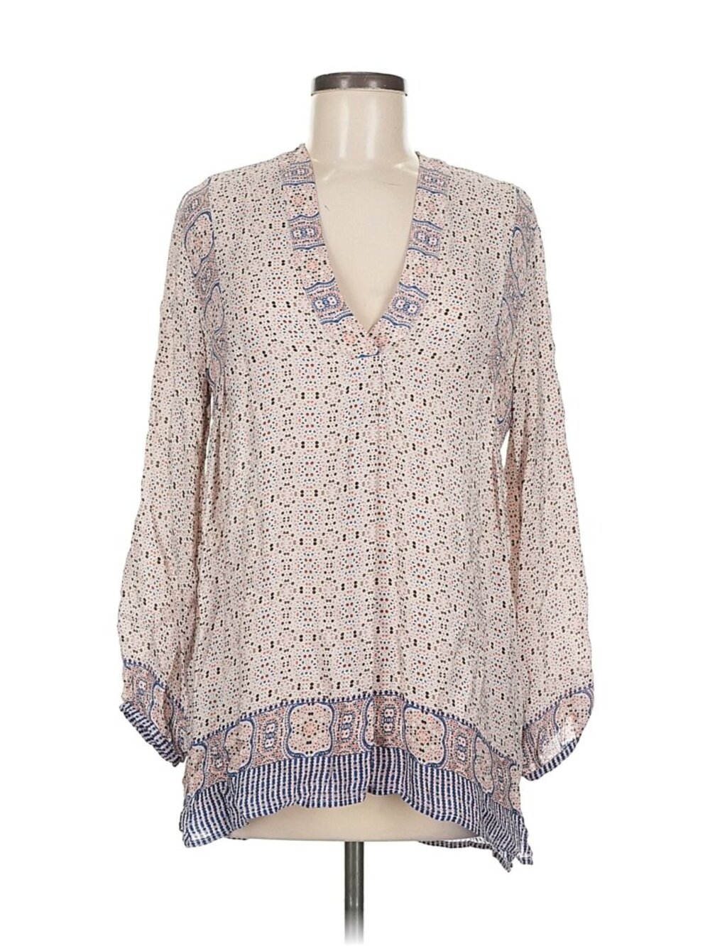 Vince Bohemian Silk Tile Print Tunic Blouse Size 8 Tan Blue Pink